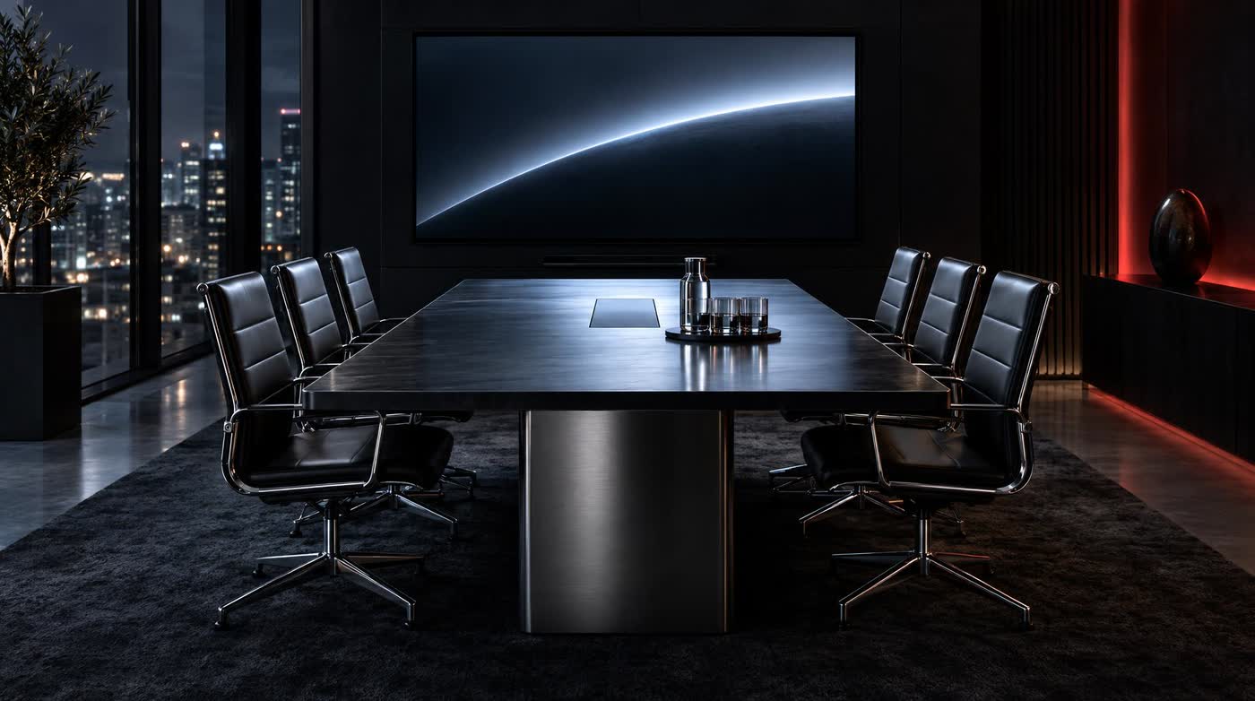 An empty meeting room before the working day, a large dark presentation screen glowing faintly awake at one end, six chairs pushed in tight.