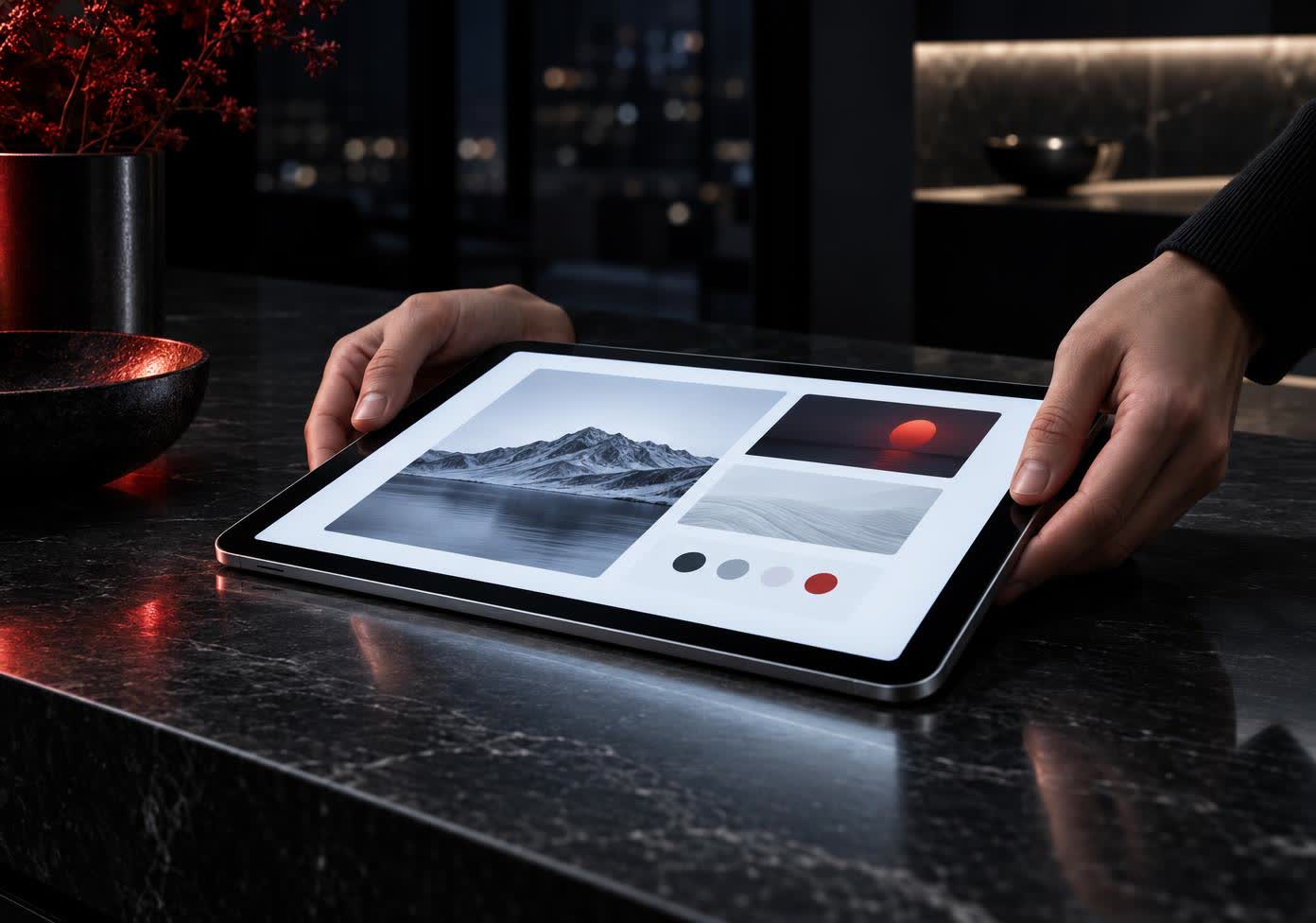 A pair of hands setting a tablet down on a dark counter at night, the screen bright with a clean simple layout.