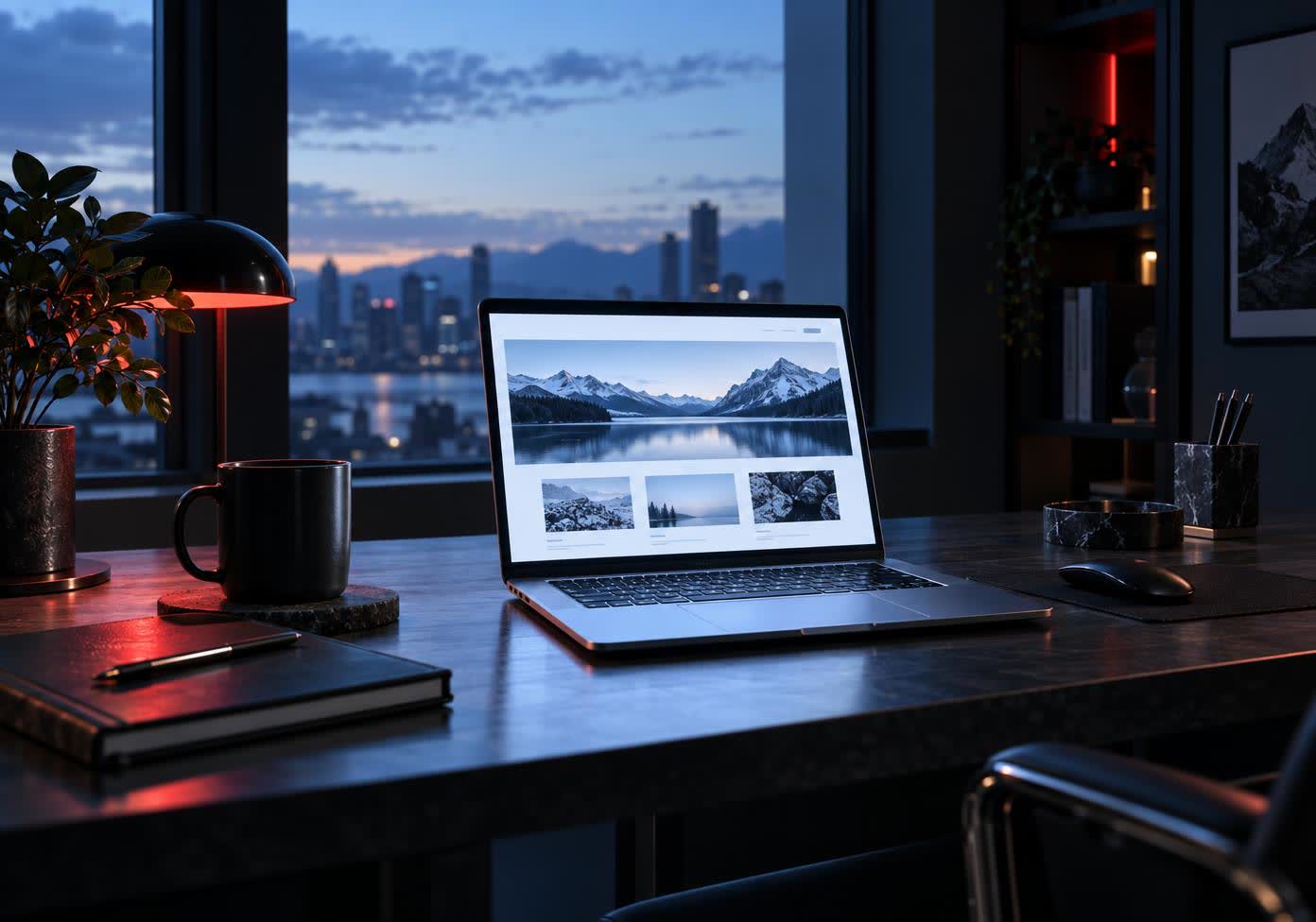 A small office at first light, one laptop open and glowing on a desk with a clean website layout on it, cold blue dawn coming through a window behind.