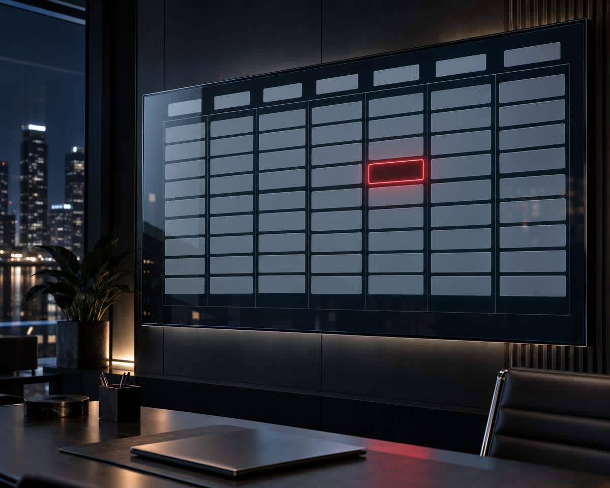 A large wall mounted display in a dark office showing a clean week grid, every slot filled with soft grey blocks except one that glows crimson and empty.