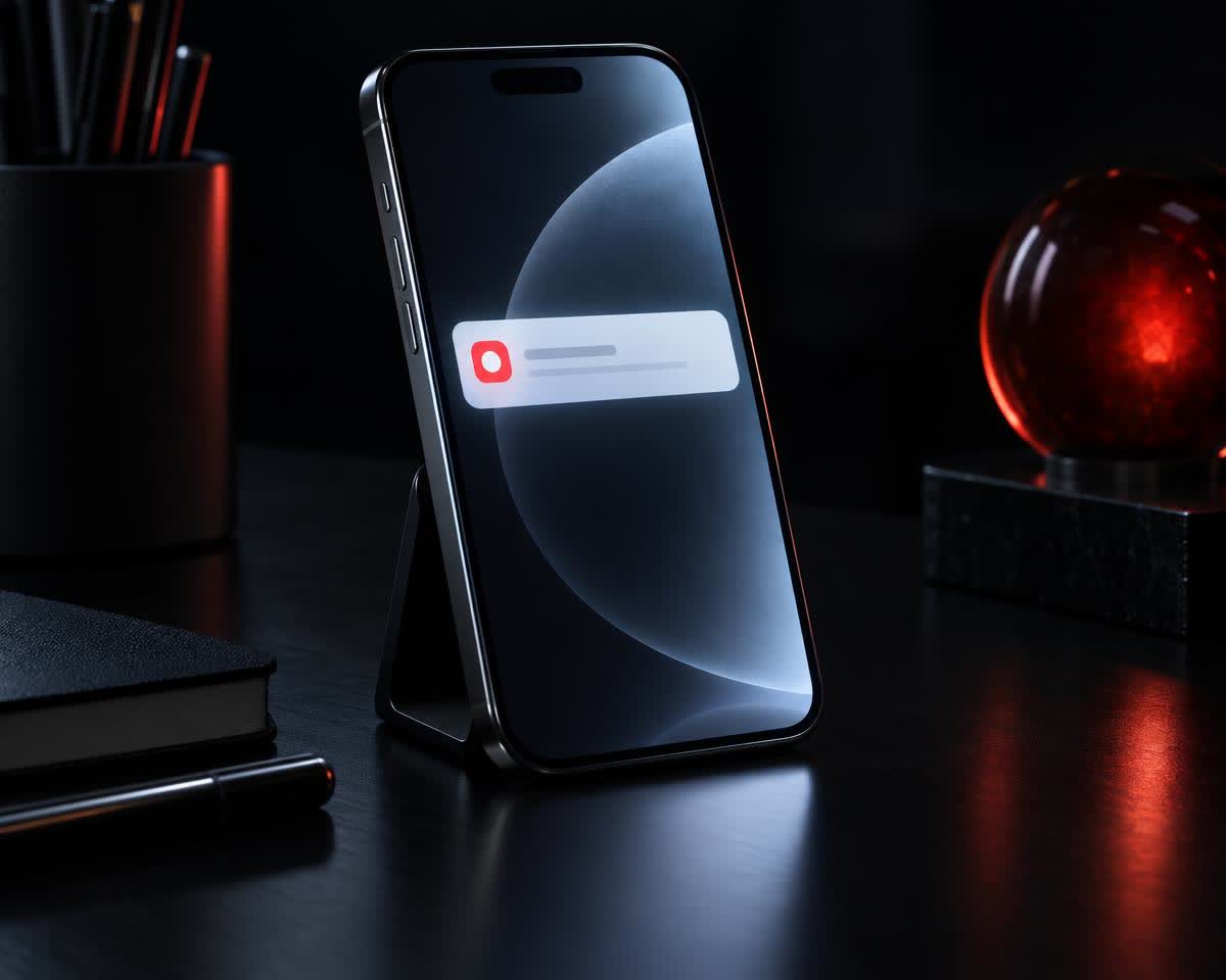 A phone propped upright on a dark desk at night, screen lit with a single clean notification card, the only light in the room.