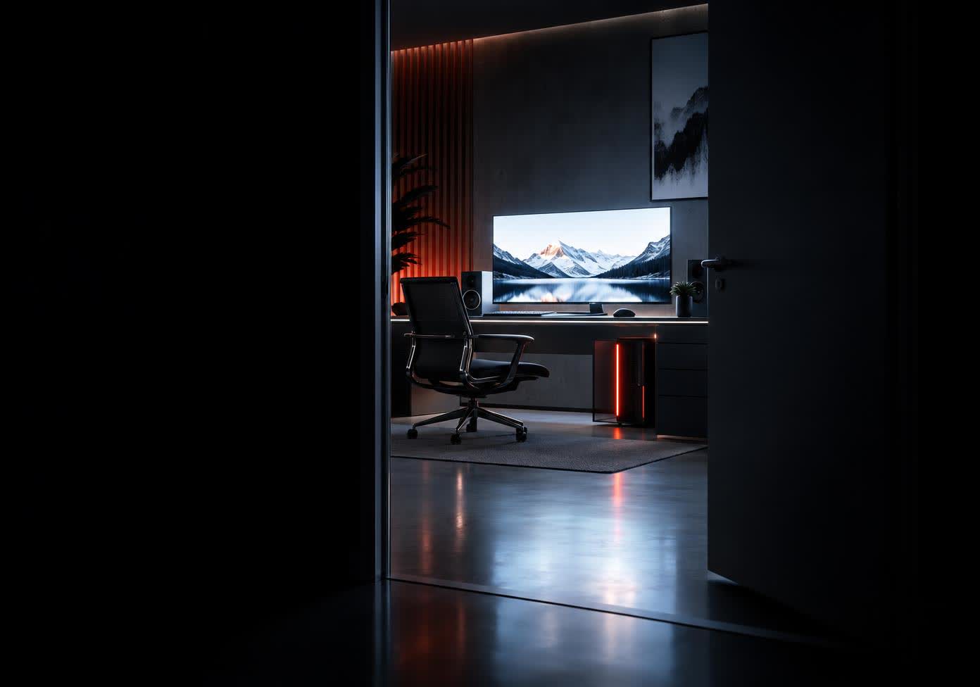 A laptop open on a desk in an unlit room before dawn, its screen bright with a finished clean website layout, waiting, nobody there.
