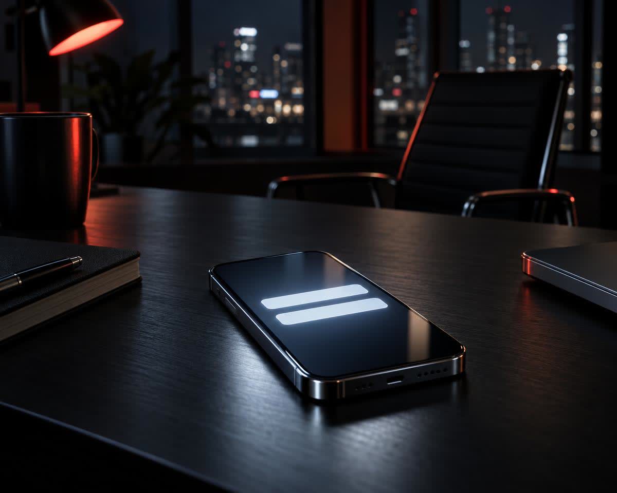 A phone lying on a dark desk at closing time showing two short clean form fields glowing, a chair pushed back, everything else dark.