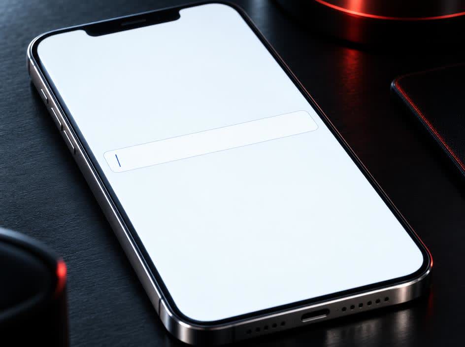 A phone filling the frame on a dark desk, its screen bright and fully lit with a clean pale interface, one empty input field prominent across the middle with a.