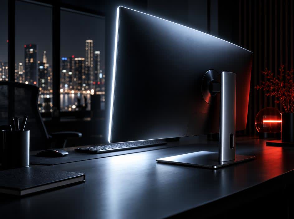 A wide monitor turned away in a dark room so only its bright edge glow and a sliver of clean layout are visible, working through the night.