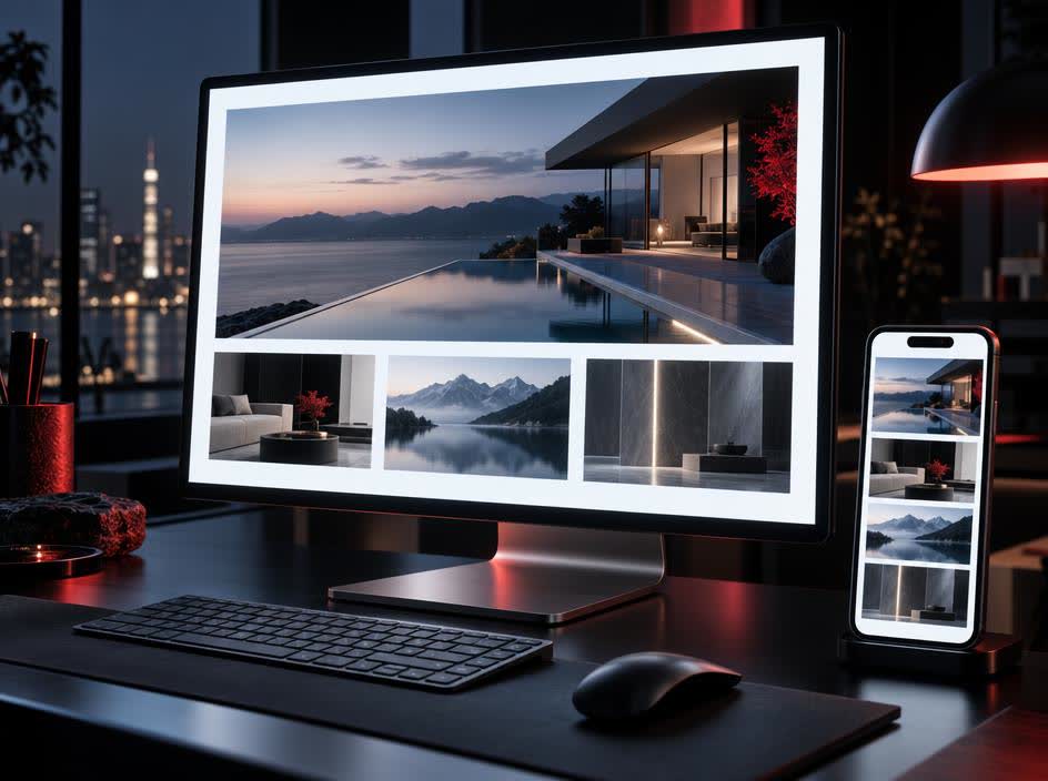 A large monitor at night showing a completed clean website layout, crisp and bright, a phone beside it showing the same design stacked narrow.